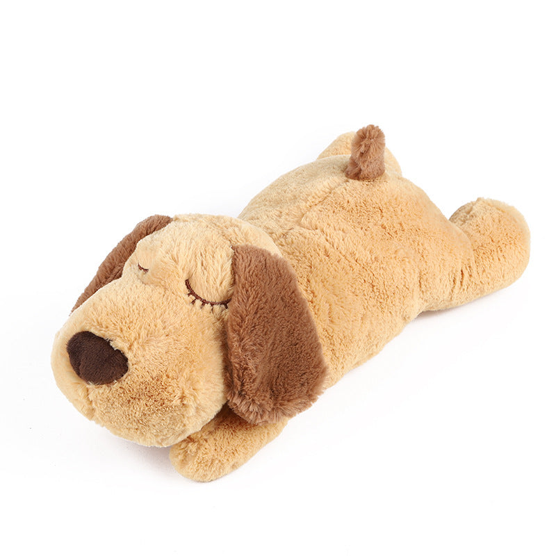 Peluche de perro dormido visto de lado