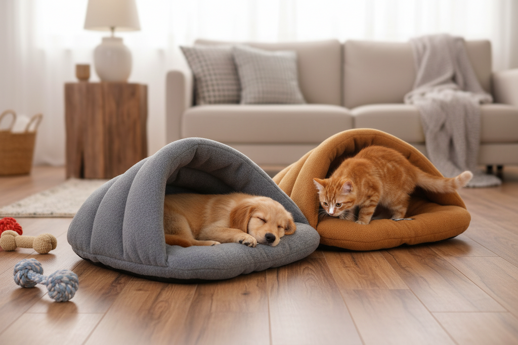 Saco de dormir cueva de fleece, incluido en el pack, con un cachorro y un gatito dentro