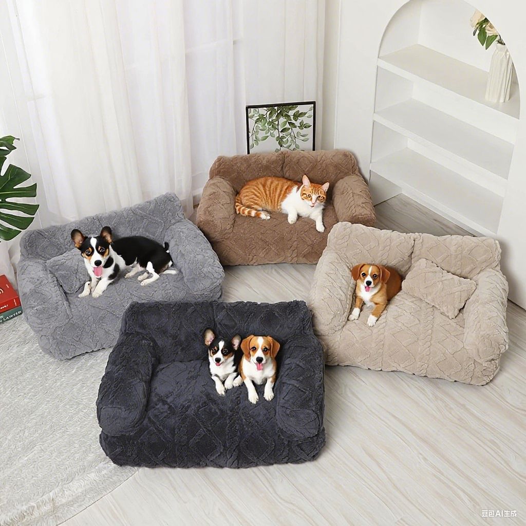 Las cuatro camas juntas con perros dentro, para comparar tallas y colores