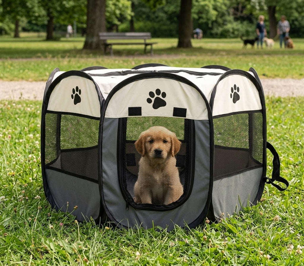 Cachorro de golden retriever sentado dentro del parque plegable octogonal, montado sobre el césped de un parque