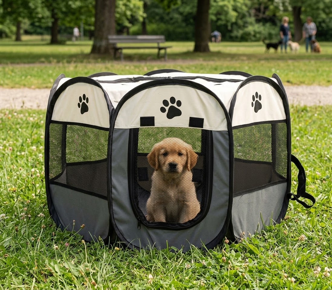 Cachorro de golden retriever sentado dentro del parque plegable octogonal, montado sobre el césped de un parque