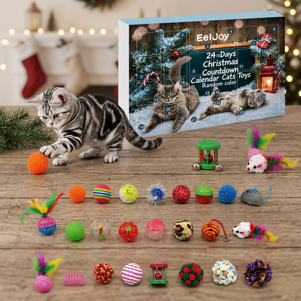 Calendario de adviento para gato junto al árbol de Navidad