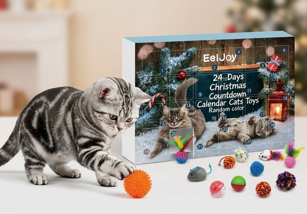 Gato jugando con una pelota sacada del calendario de adviento