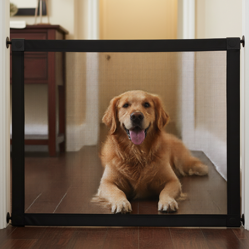 Golden retriever tumbado detrás de la barrera de malla negra colocada en el vano de una puerta