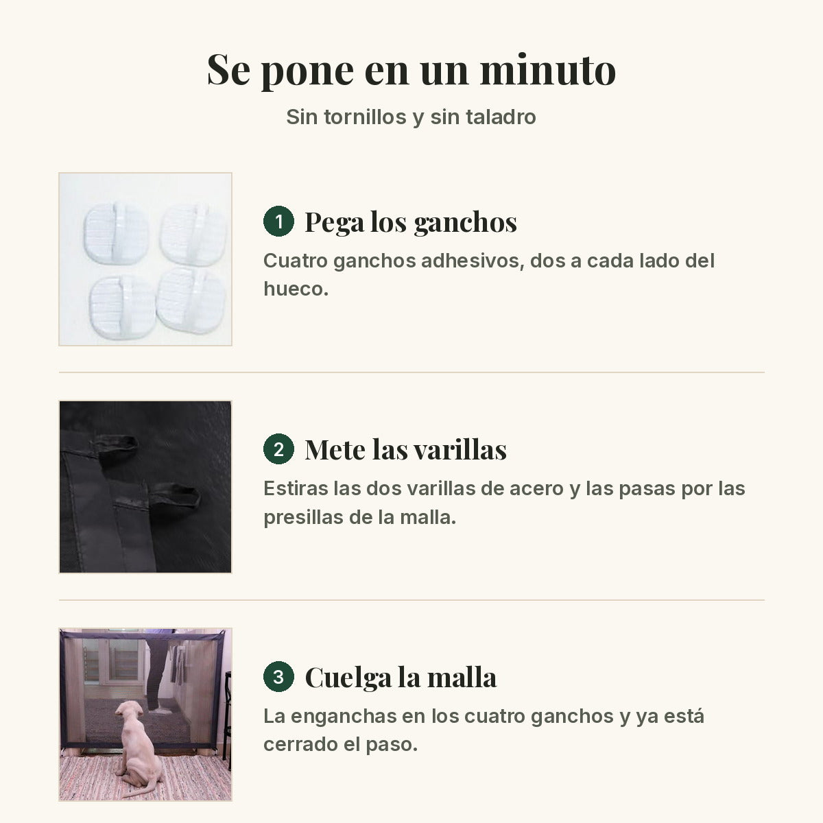 Los tres pasos de montaje: pegar los ganchos, meter las varillas por las presillas y colgar la malla