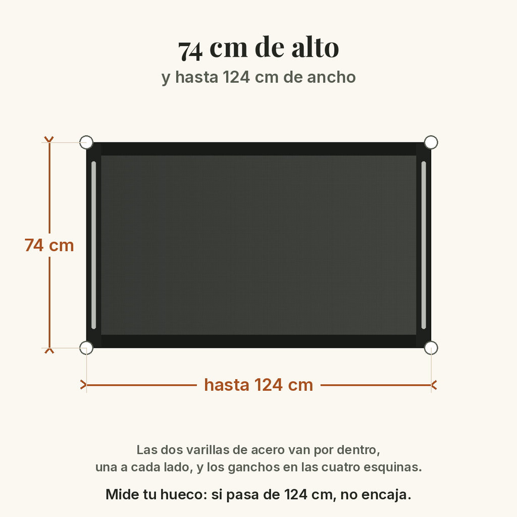 Esquema a escala de la barrera: 74 cm de alto y hasta 124 cm de ancho, con las varillas dentro y los cuatro ganchos en las esquinas