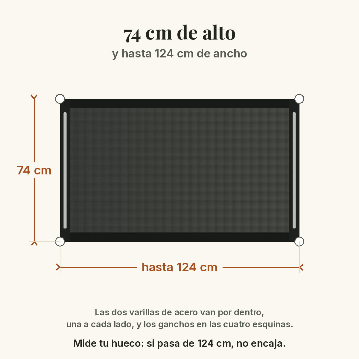 Esquema a escala de la barrera: 74 cm de alto y hasta 124 cm de ancho, con las varillas dentro y los cuatro ganchos en las esquinas