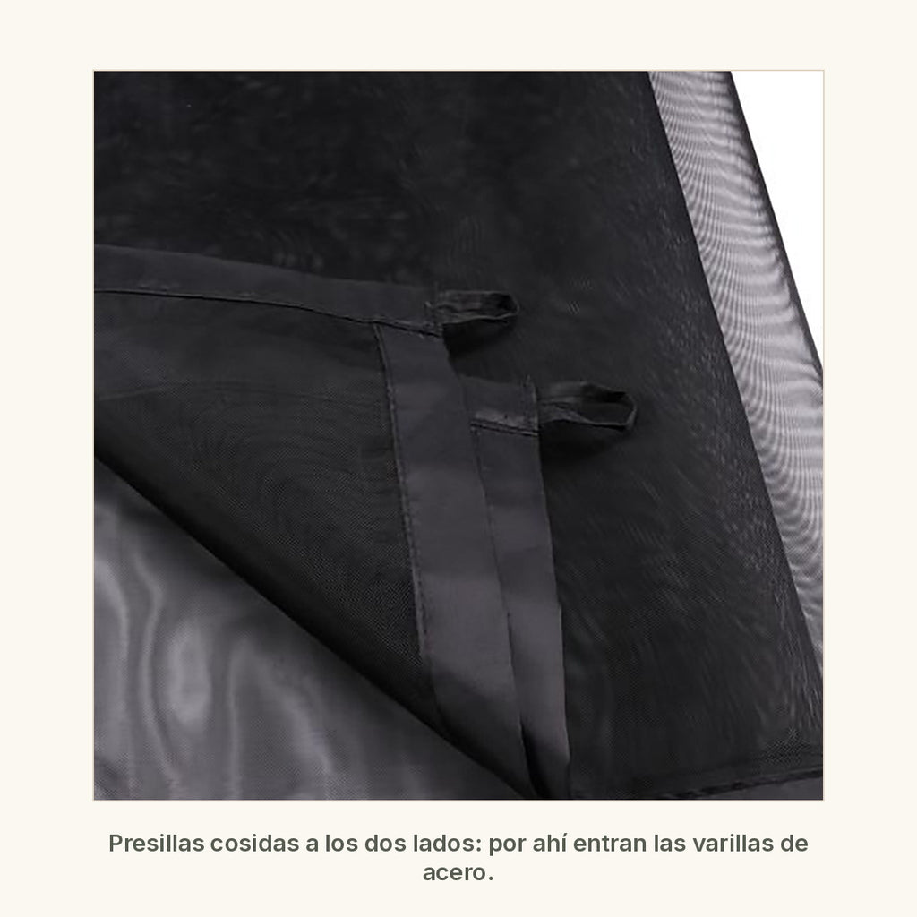 Detalle de las presillas cosidas al borde de la malla, por donde entran las varillas de acero