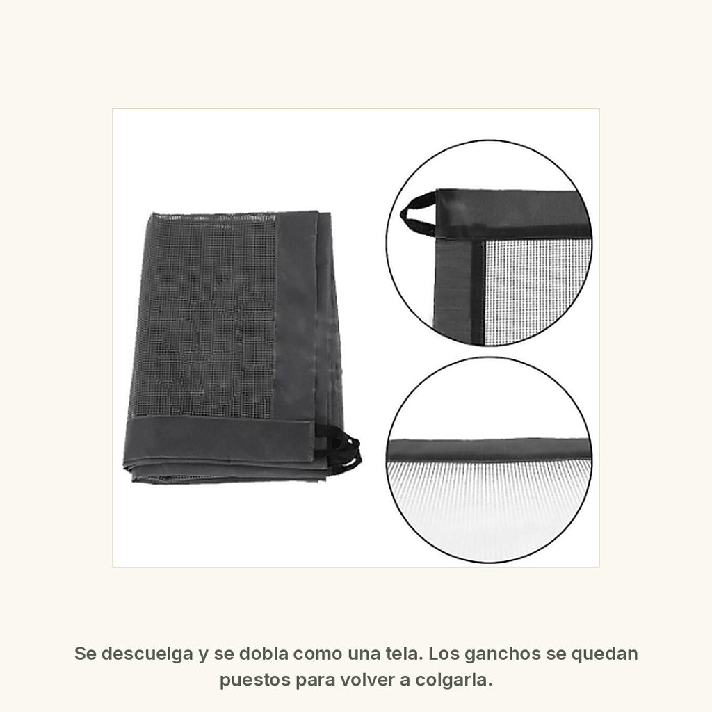 La barrera doblada como una tela, con dos detalles ampliados del tejido de malla y del refuerzo
