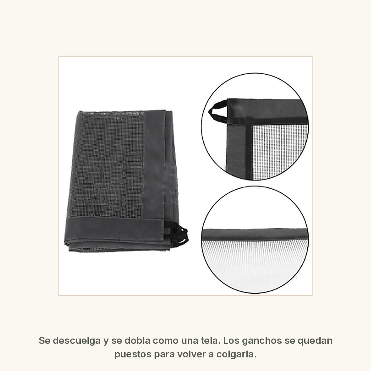 La barrera doblada como una tela, con dos detalles ampliados del tejido de malla y del refuerzo