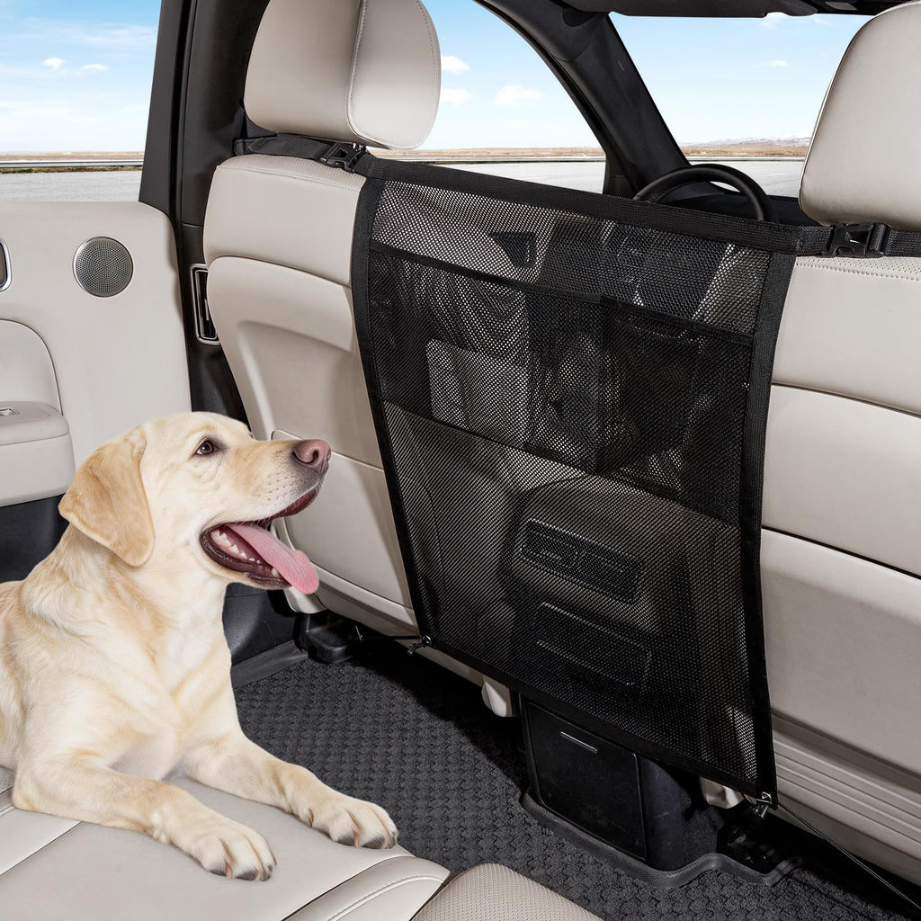 Labrador tumbado en el asiento trasero con la barrera de malla montada entre los asientos