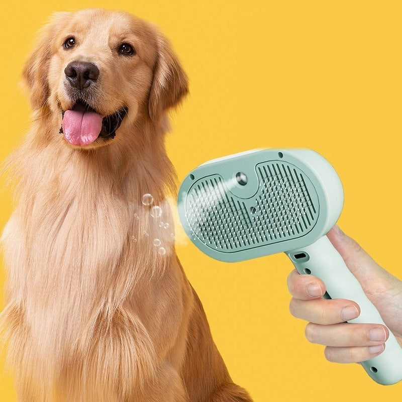 Golden retriever con el cepillo verde echando bruma sobre el pecho
