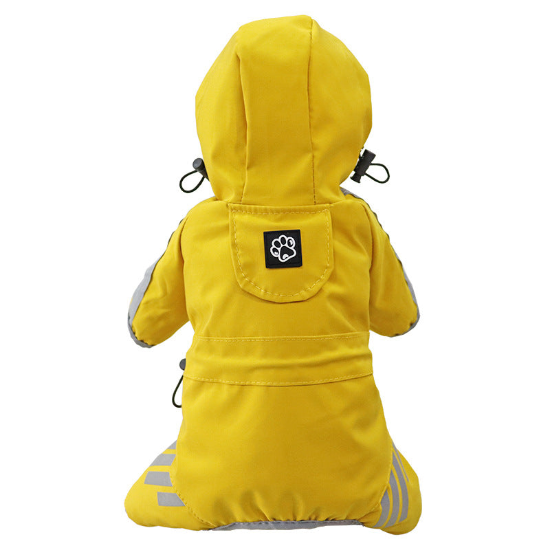 Chubasquero amarillo de cuatro patas con capucha y bandas reflectantes