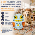 Comedero lento y alfombrilla de lamer en la misma pieza, con un golden retriever detrás