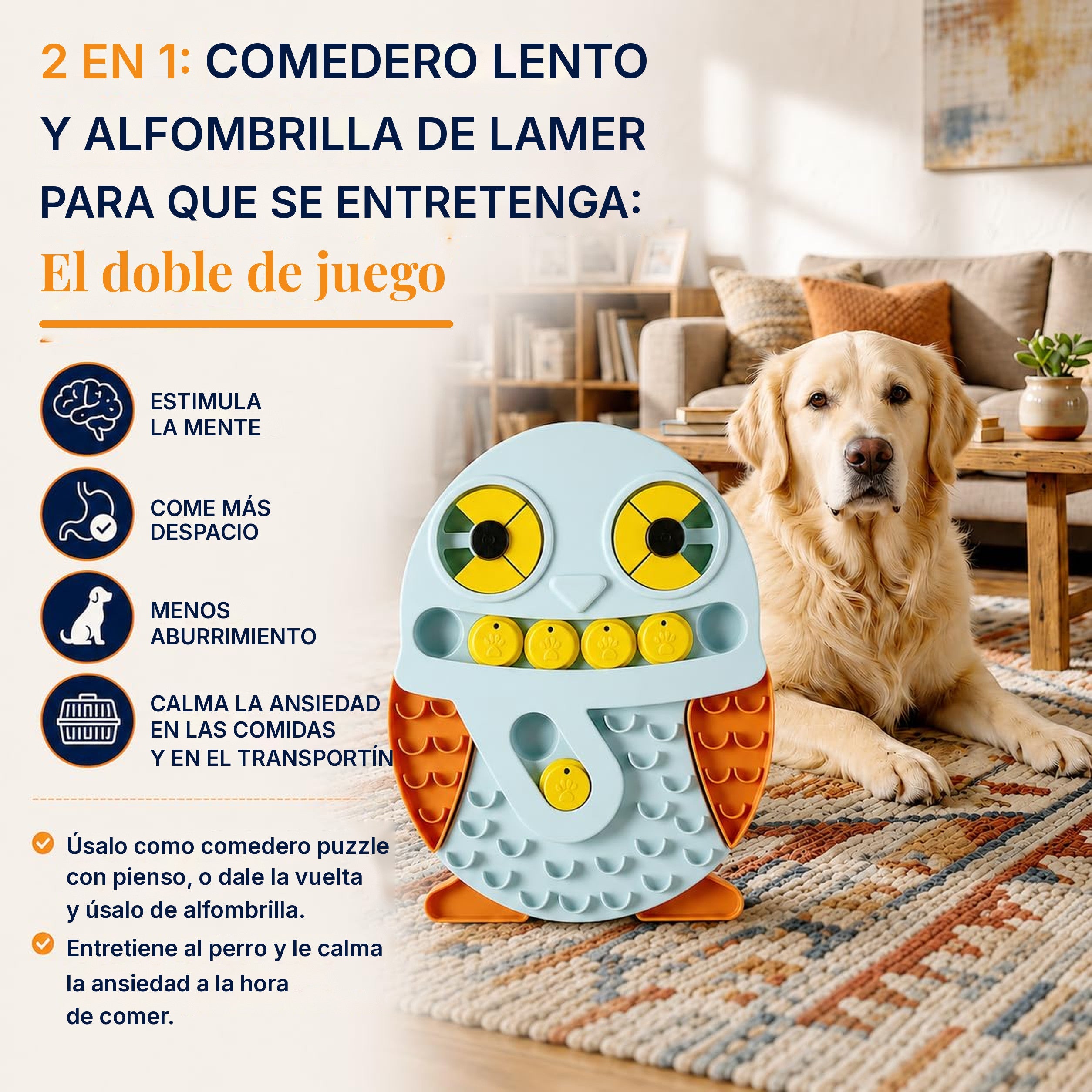 Comedero lento y alfombrilla de lamer en la misma pieza, con un golden retriever detrás