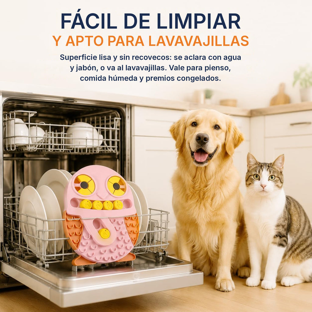 El comedero en el lavavajillas, con un perro y un gato al lado: superficie lisa y sin recovecos