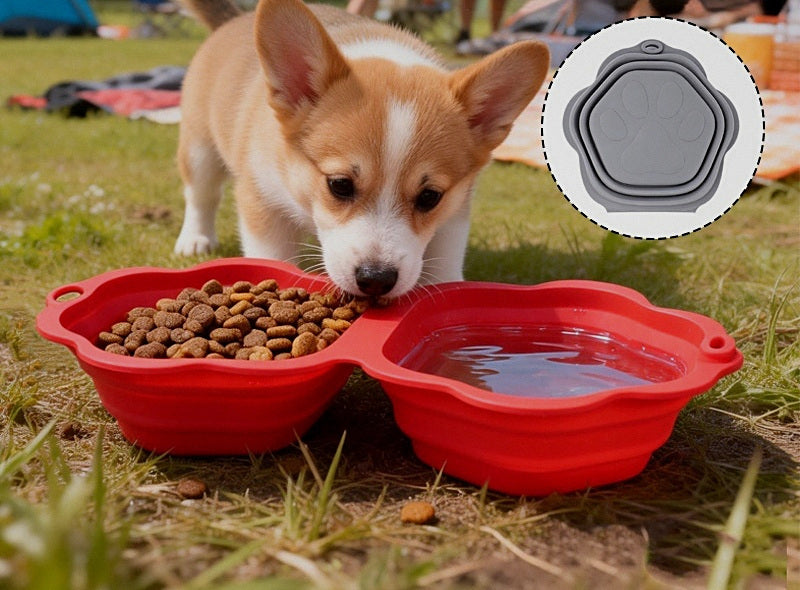Cachorro comiendo del comedero plegable rojo de dos cuencos en el campo