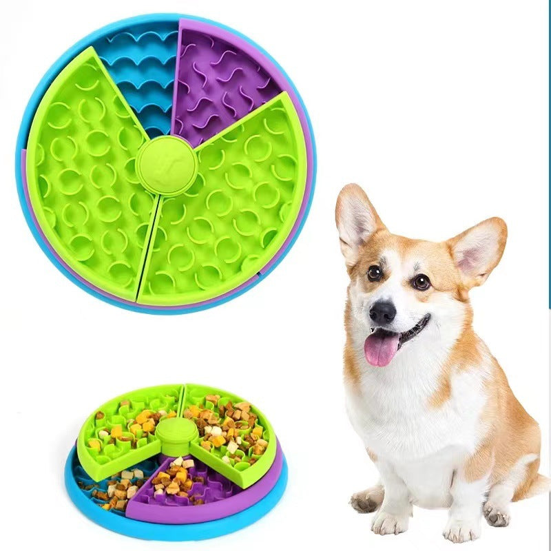 El comedero visto de frente y de perfil, con un corgi al lado