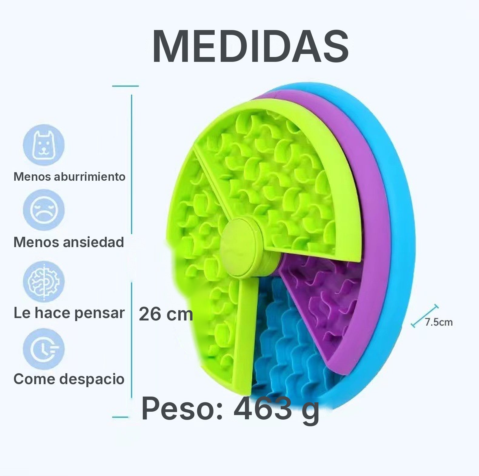 Medidas del comedero: 26 cm de diámetro, 7,5 cm de alto y 463 gramos