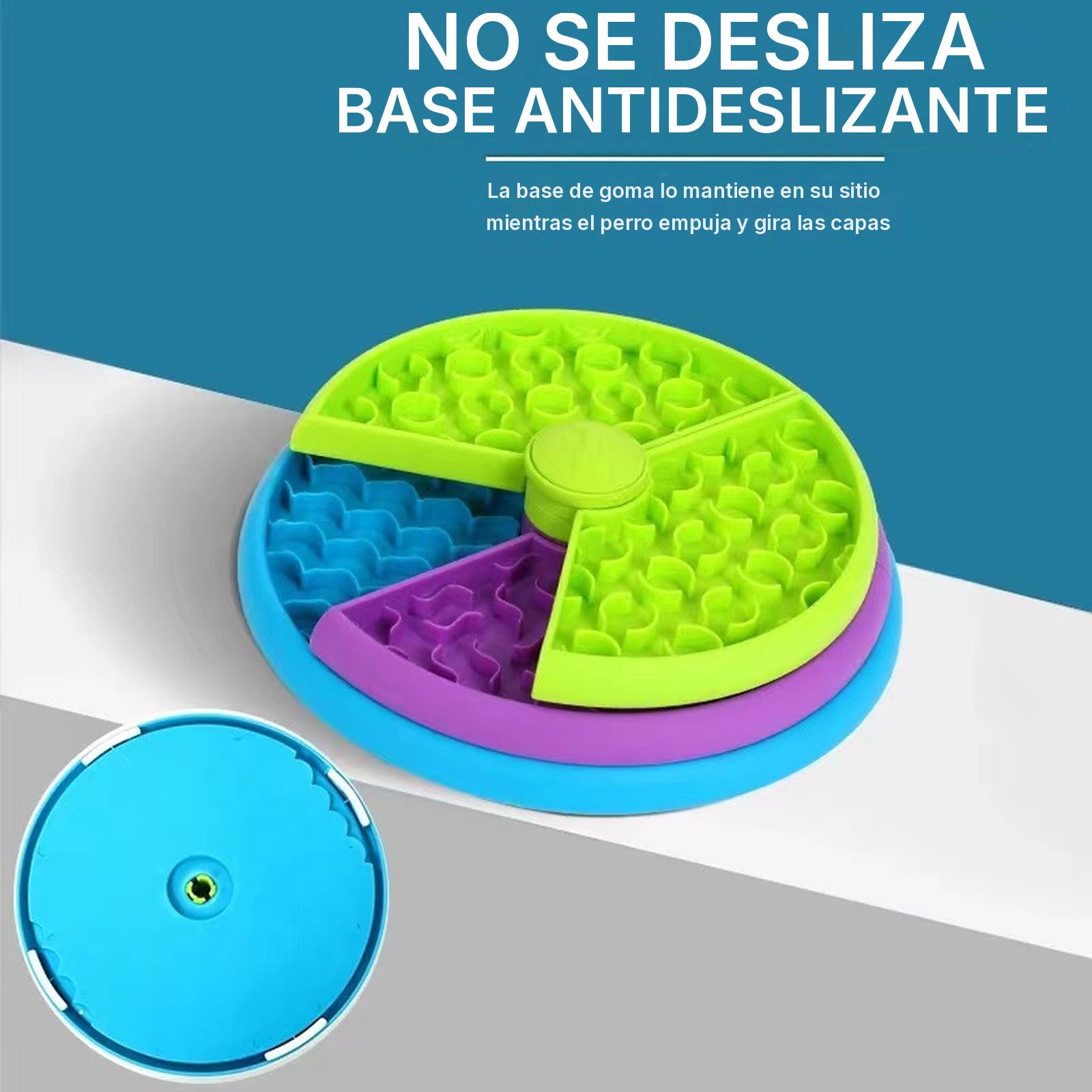 Base de goma antideslizante que impide que el comedero se mueva por el suelo