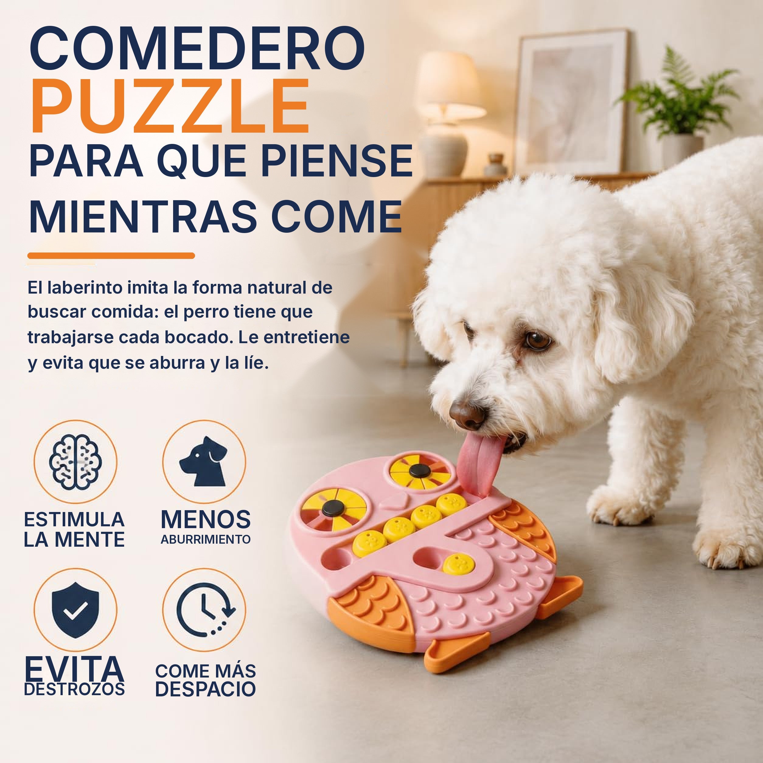 Perro pequeño lamiendo el comedero puzzle, con los cuatro beneficios explicados