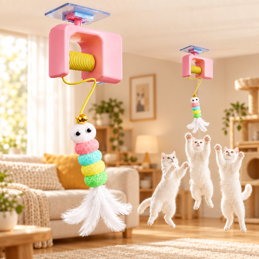 Juguete colgante rosa con la oruga de colores y tres gatos saltando hacia ella