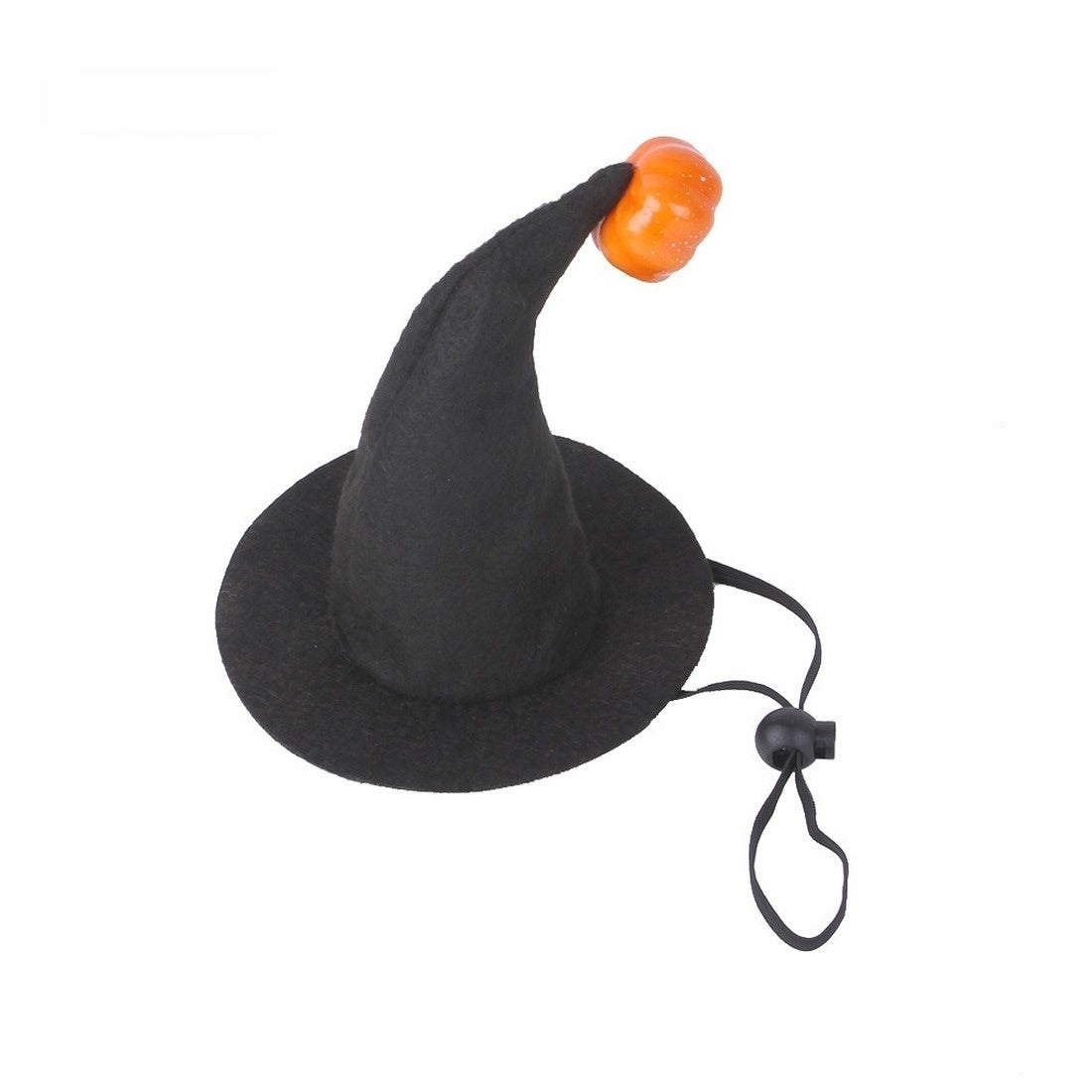 Gorro de bruja negro con calabaza naranja en la punta