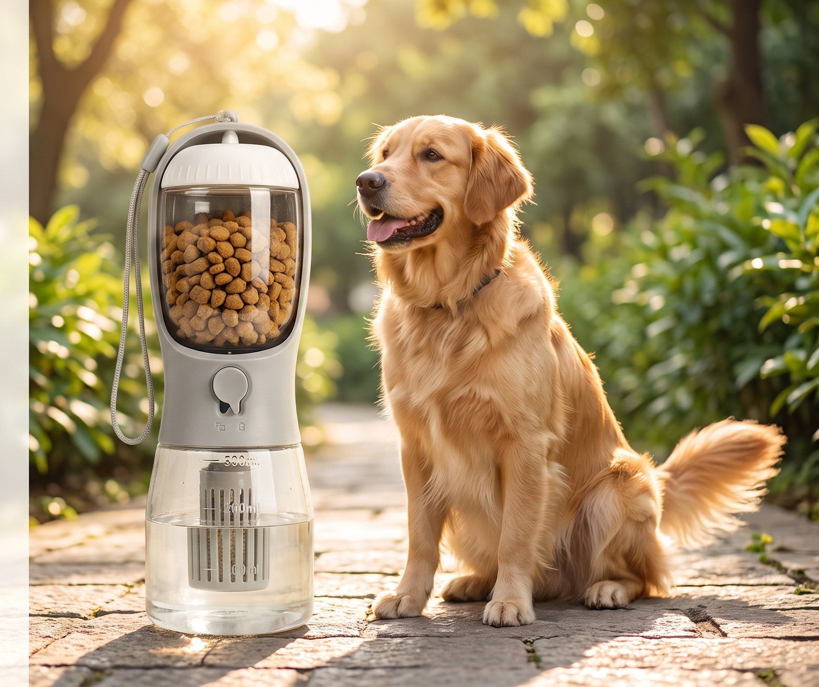 Golden retriever sentado en un parque junto a la botella de paseo 3 en 1, con pienso arriba y agua abajo