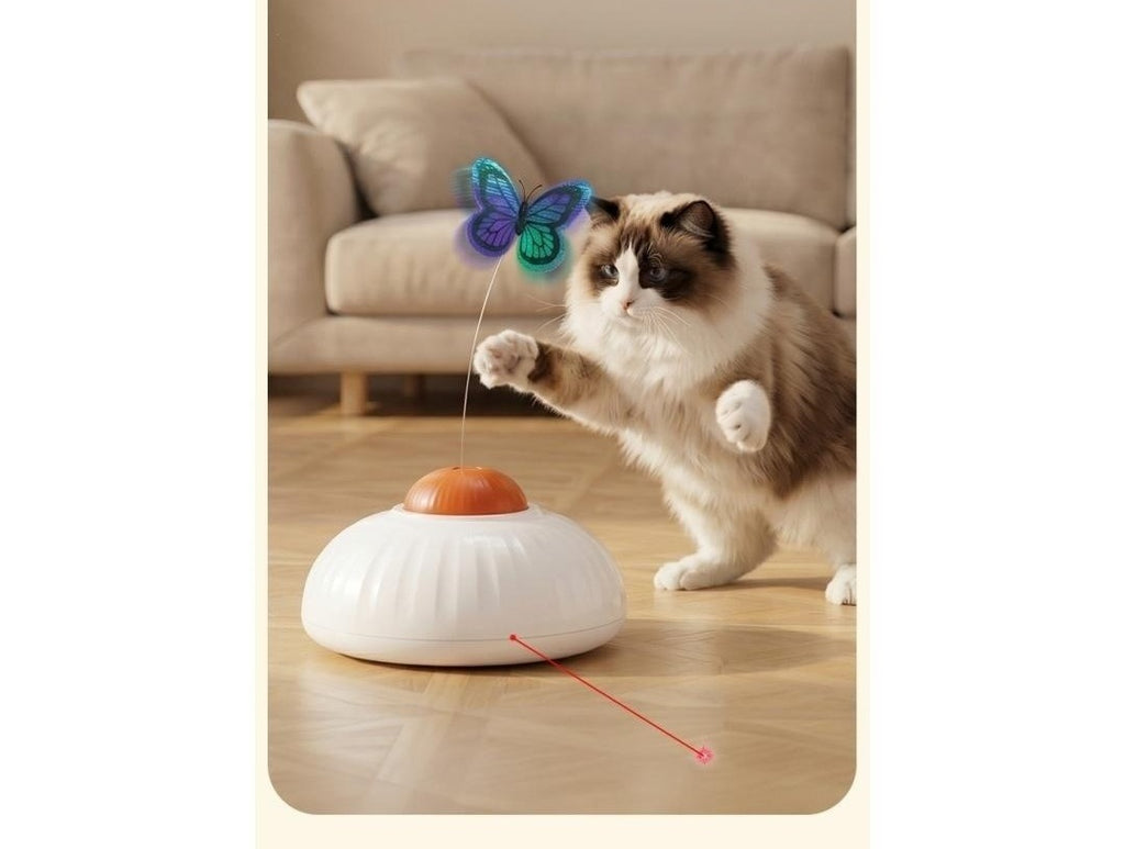 Gato jugando con la mariposa eléctrica