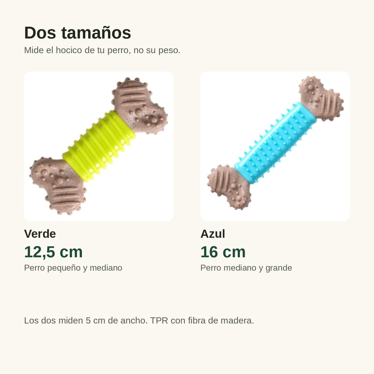 Los dos tamaños comparados: verde de 12,5 cm y azul de 16 cm