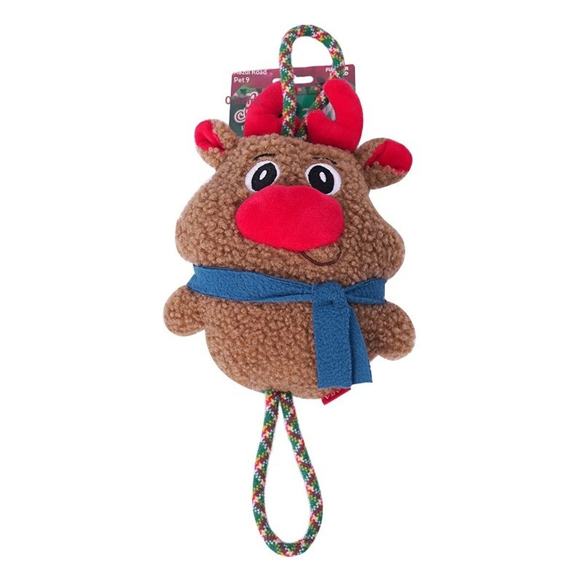 Mordedor de peluche de reno con bufanda azul