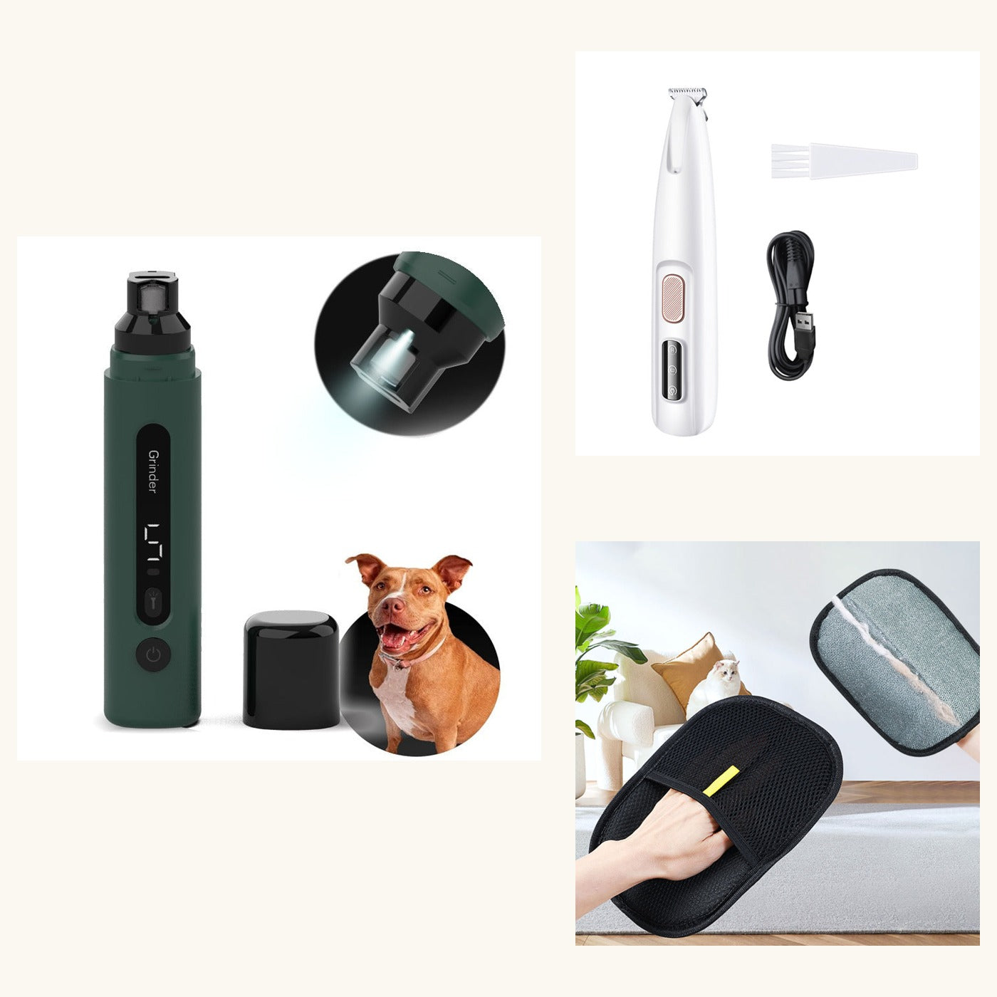 Lima eléctrica de uñas, cortapelo de patas y guante quitapelo del pack de aseo