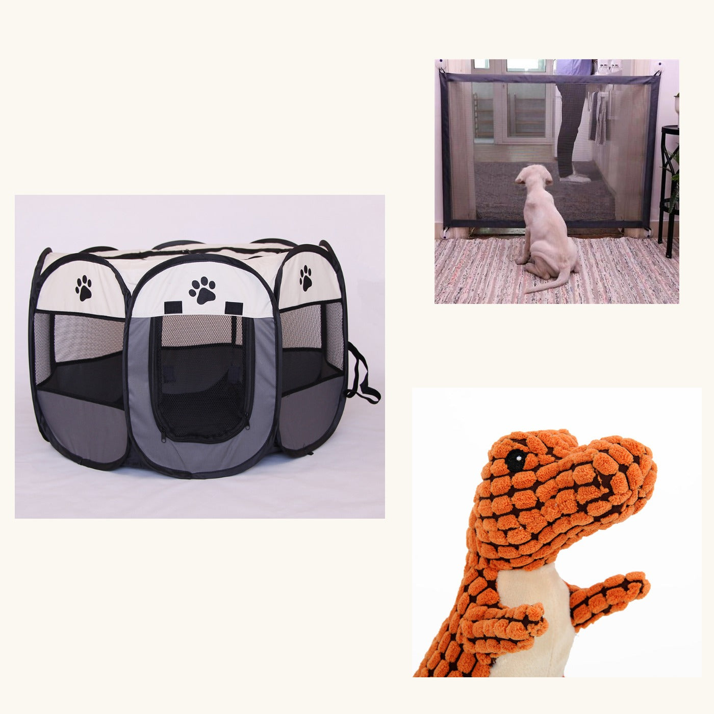 Parque plegable, barrera de seguridad y dinosaurio de peluche del pack para cachorro