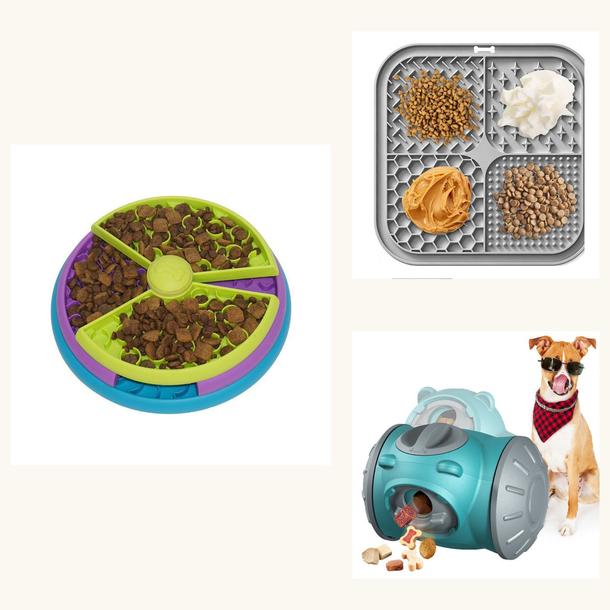 Comedero puzzle, alfombrilla de lamer y tentetieso dispensador del pack comer despacio
