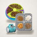 Las tres piezas del pack comer despacio juntas sobre la misma mesa: el comedero puzzle, la alfombrilla de lamer y el tentetieso