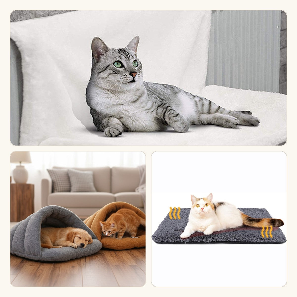 Las tres piezas del pack: un gato en la hamaca del radiador, el saco cueva de fleece y la manta autocalentable