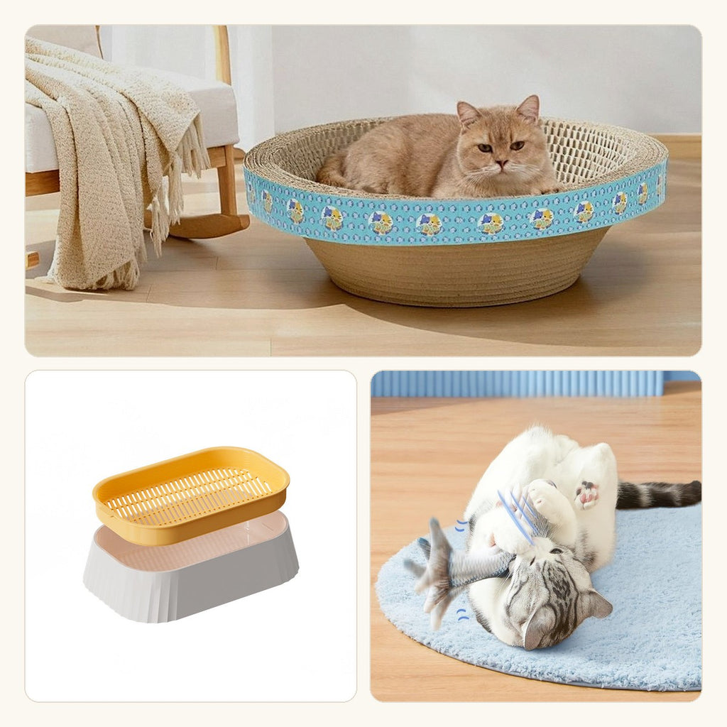Las tres piezas del pack: el rascador redondo con un gato dentro, el kit de hierba gatera y un gato jugando con el pez