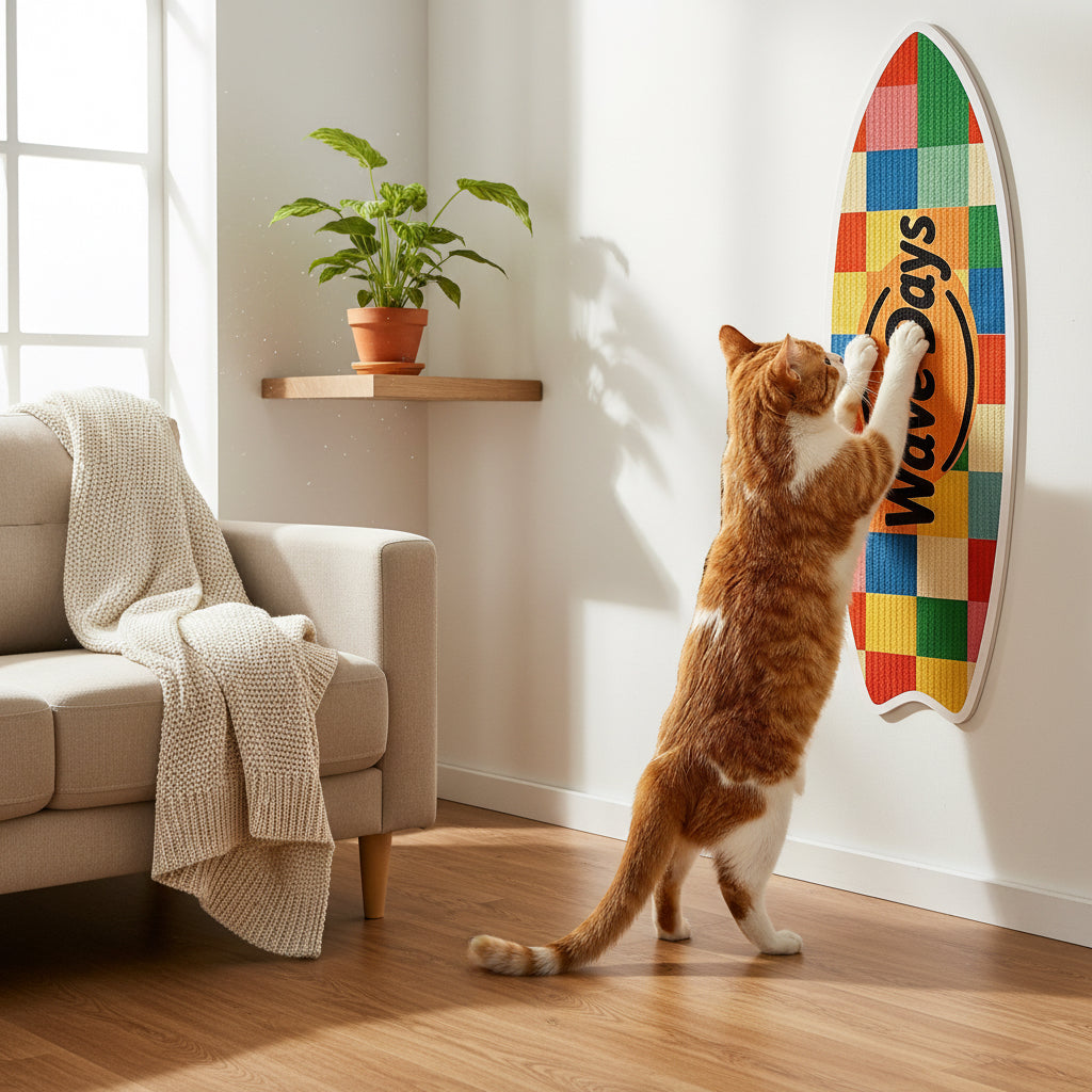Gato estirado rascando la tabla de pared con las dos patas