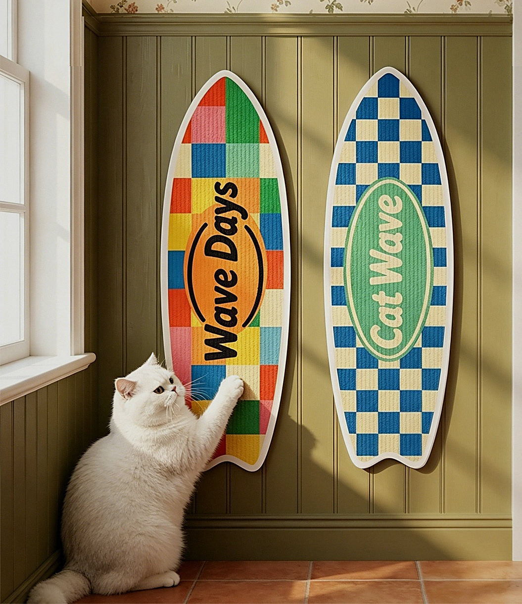 Las dos tablas pegadas en la pared de un salón con un gato usándolas