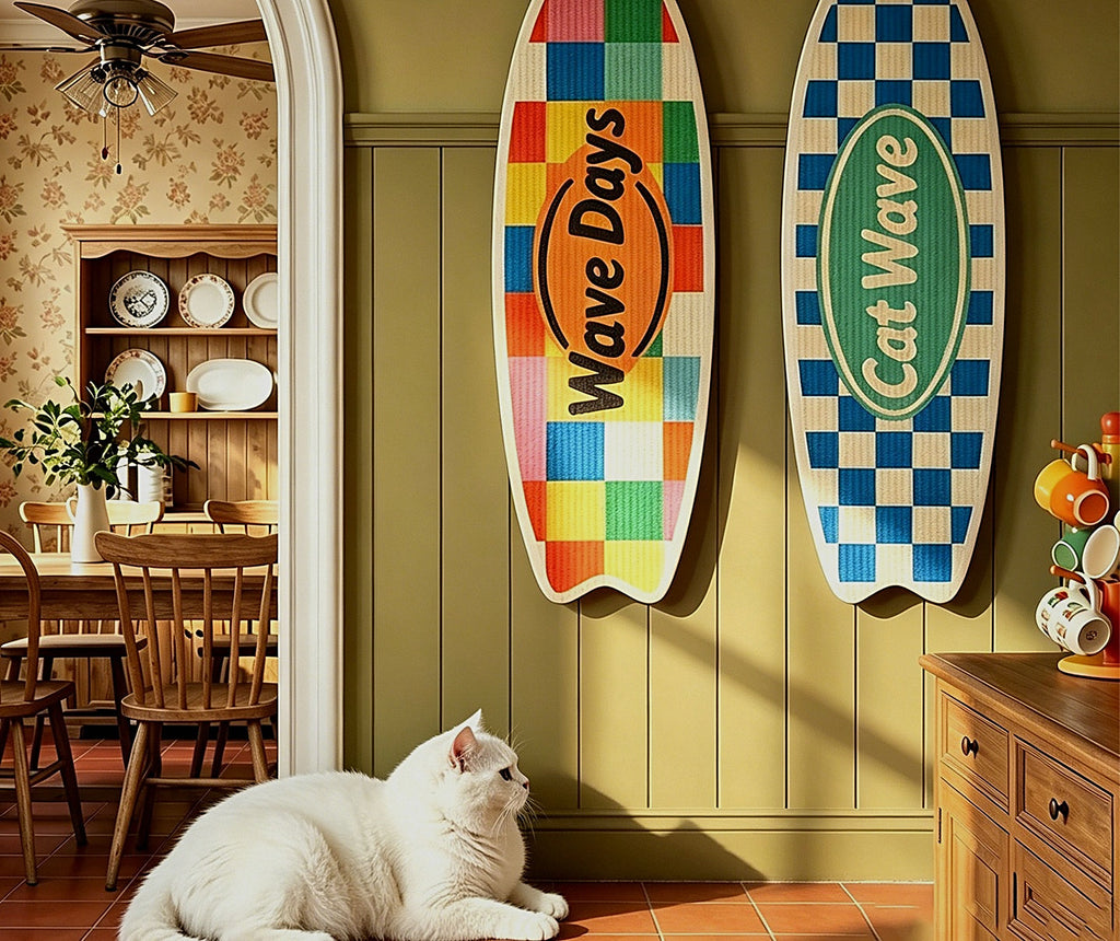 Las dos tablas en la pared de un comedor, con el gato sentado debajo