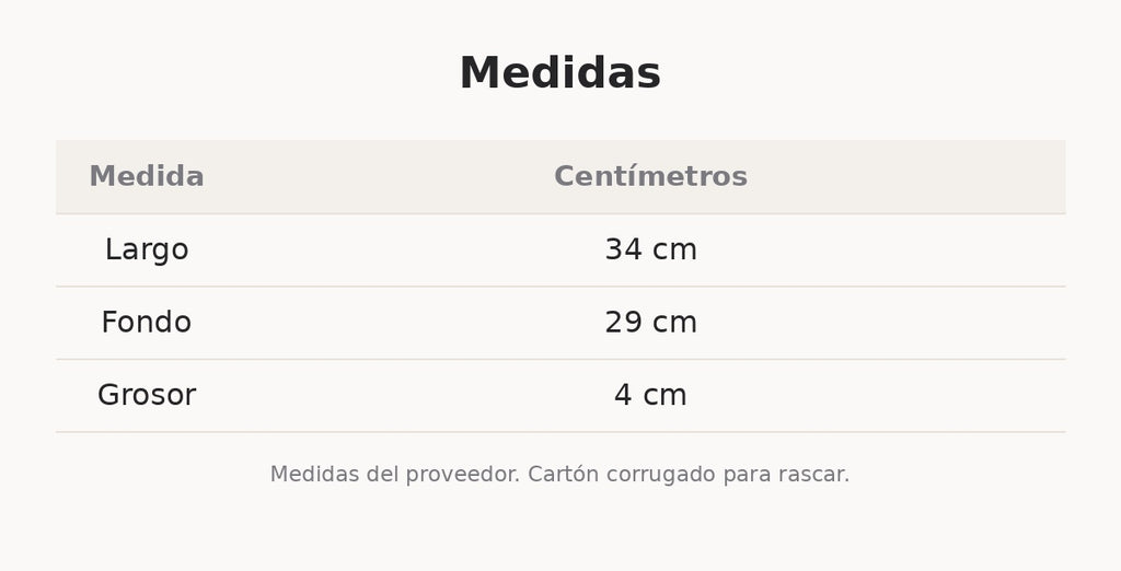 Medidas del rascador portátil: 34 × 29 cm y 4 cm de grosor