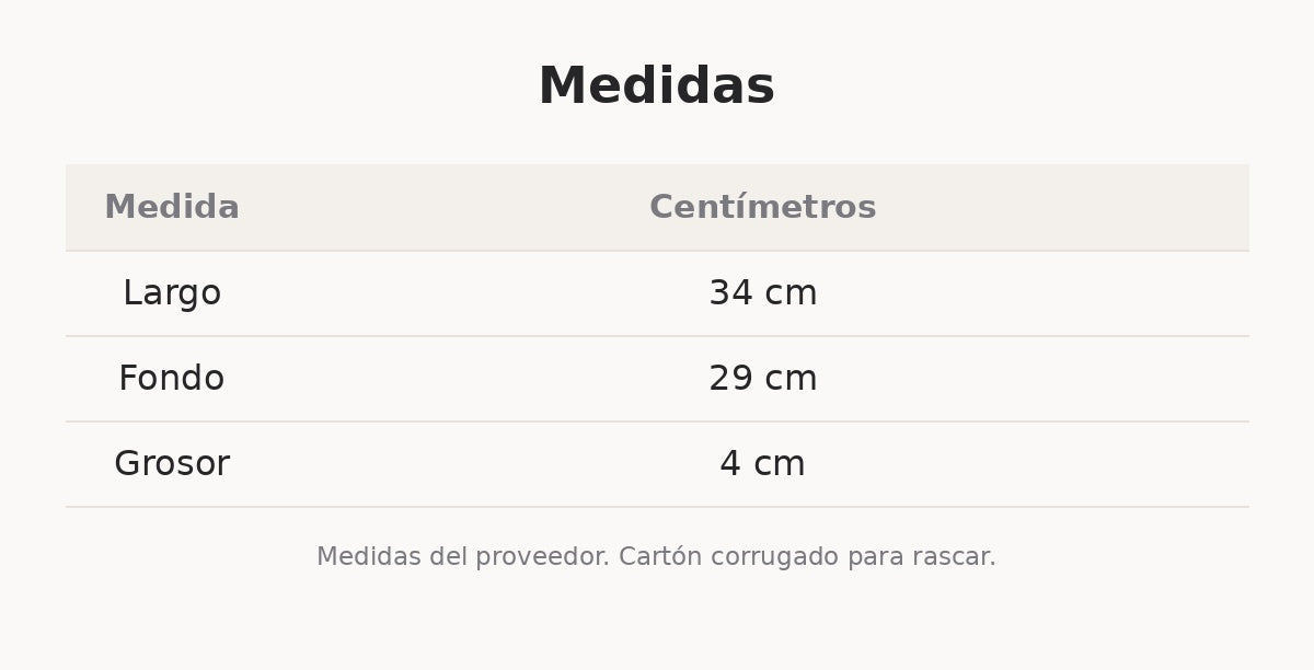 Medidas del rascador portátil: 34 × 29 cm y 4 cm de grosor