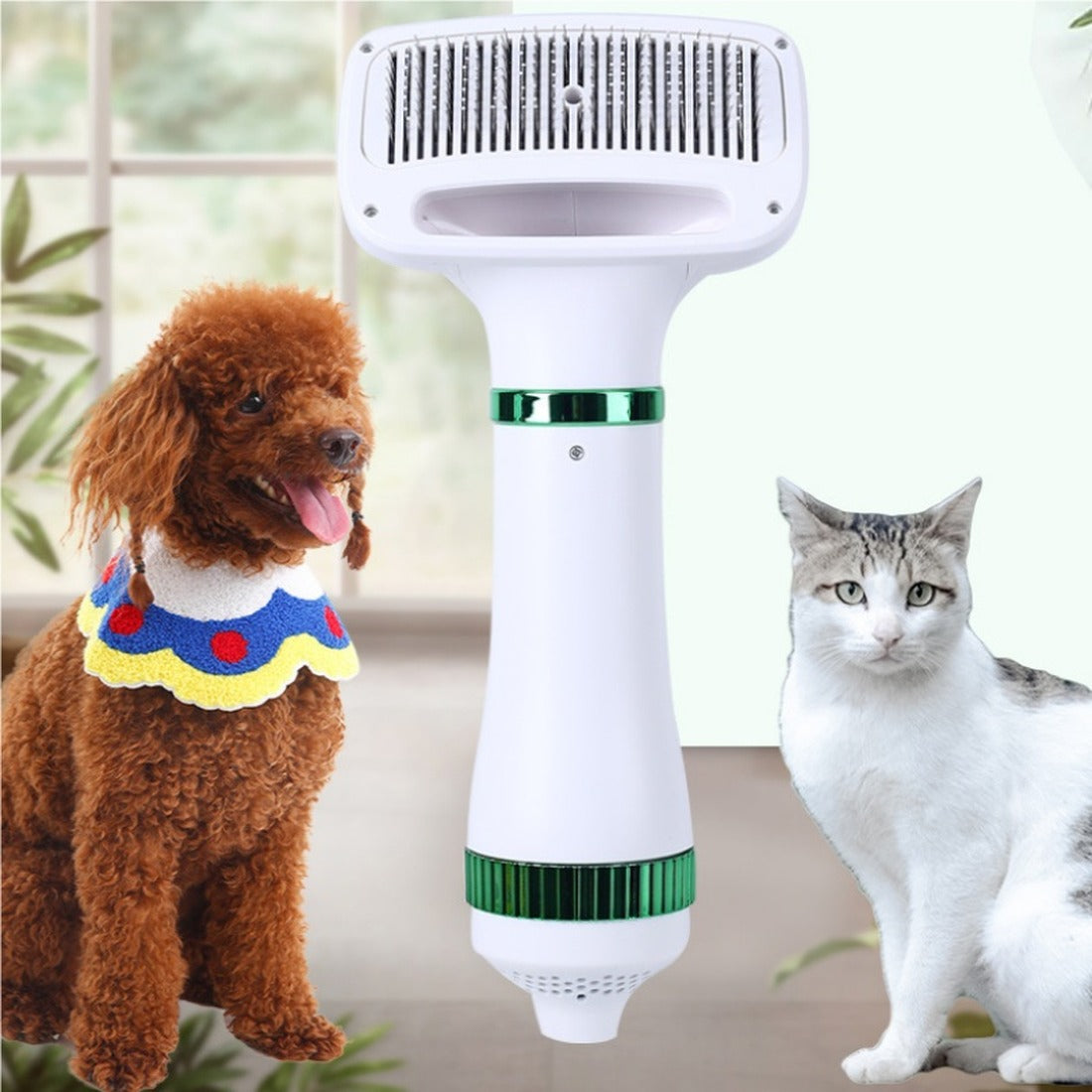 Secador cepillo 2 en 1 junto a un perro y un gato