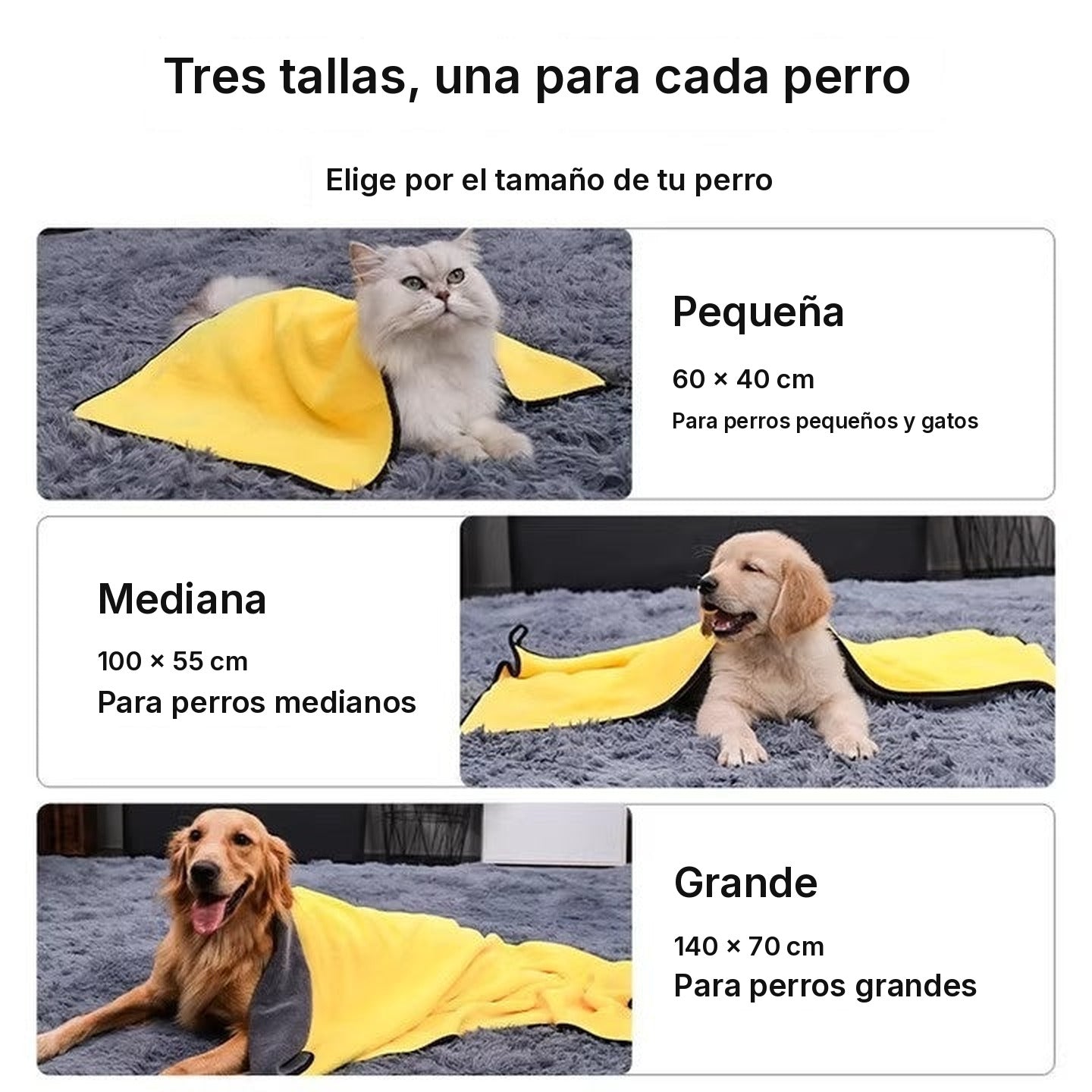 Las tres tallas de la toalla: pequeña 60 × 40 cm, mediana 100 × 55 cm y grande 140 × 70 cm
